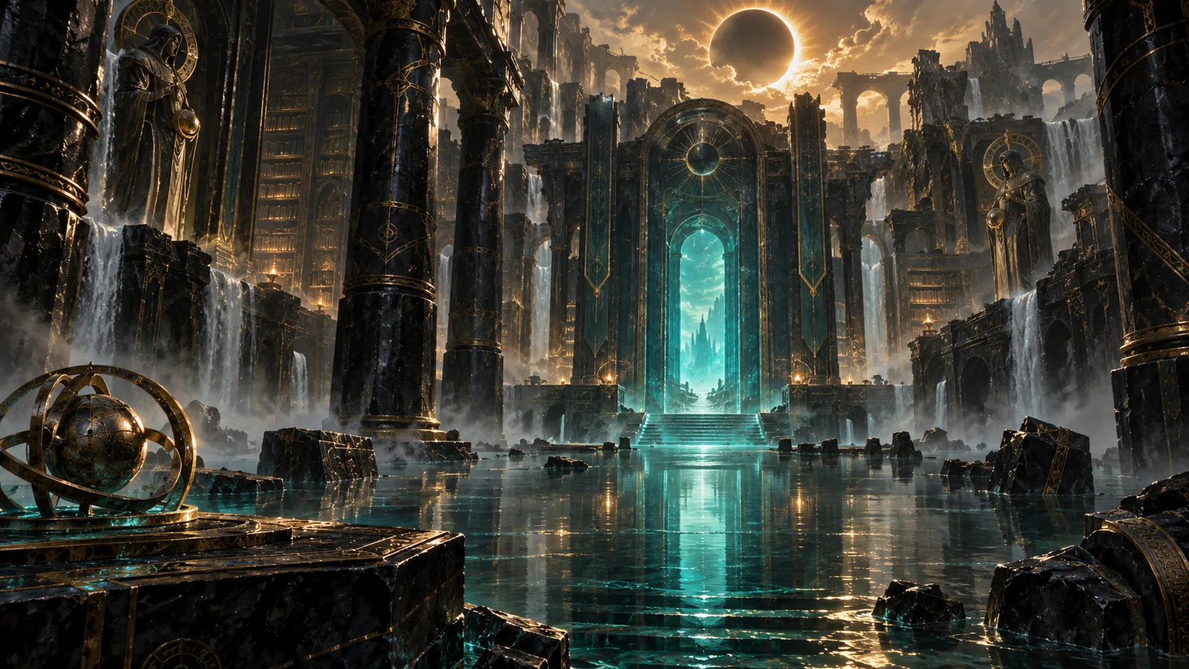 An eclipsed sun over ancient flooded ruins and an illuminated gateway in Archive Awakening
